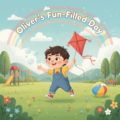 Printed cover of “Oliver’s Fun-Filled Day” — a boy flying a kite in a park