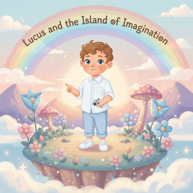 Printed cover of “Lucus and the Island of Imagination” — a boy on a floating island of flowers