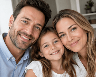 A family selfie of two parents and their daughter — the kind of photo you upload to create your characters