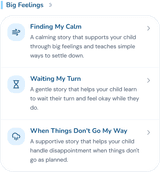 The story library open on the “Big Feelings” collection, listing titles such as “Finding My Calm” and “Waiting My Turn”