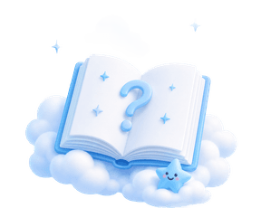 An open storybook resting on clouds with a question mark on its pages