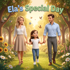 Printed cover of “Ela’s Special Day” — a girl walking hand in hand with her parents through a sunlit park