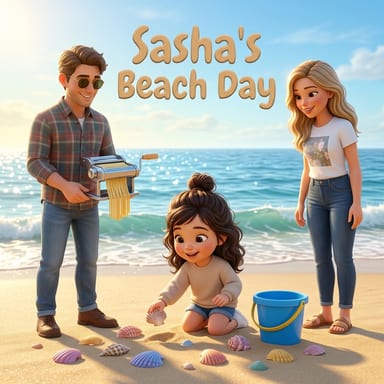 Printed cover of “Sasha’s Beach Day” — a girl collecting shells with her parents