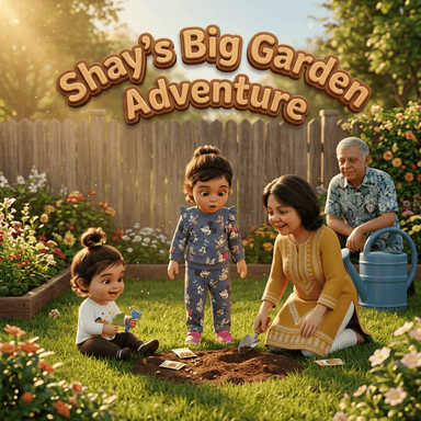 Printed cover of “Shay’s Big Garden Adventure” — a family planting seeds together